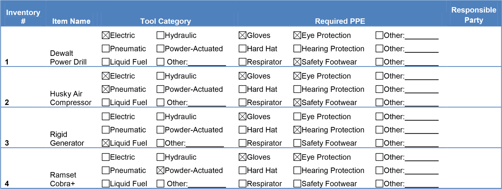 Sample tool inventory sheet